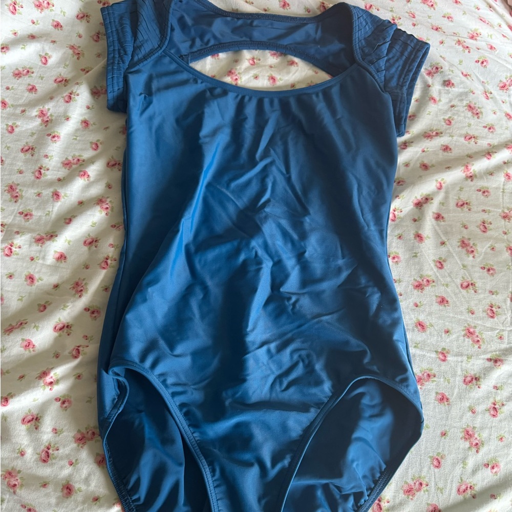 royal blue cap sleeve open back capezio leotard